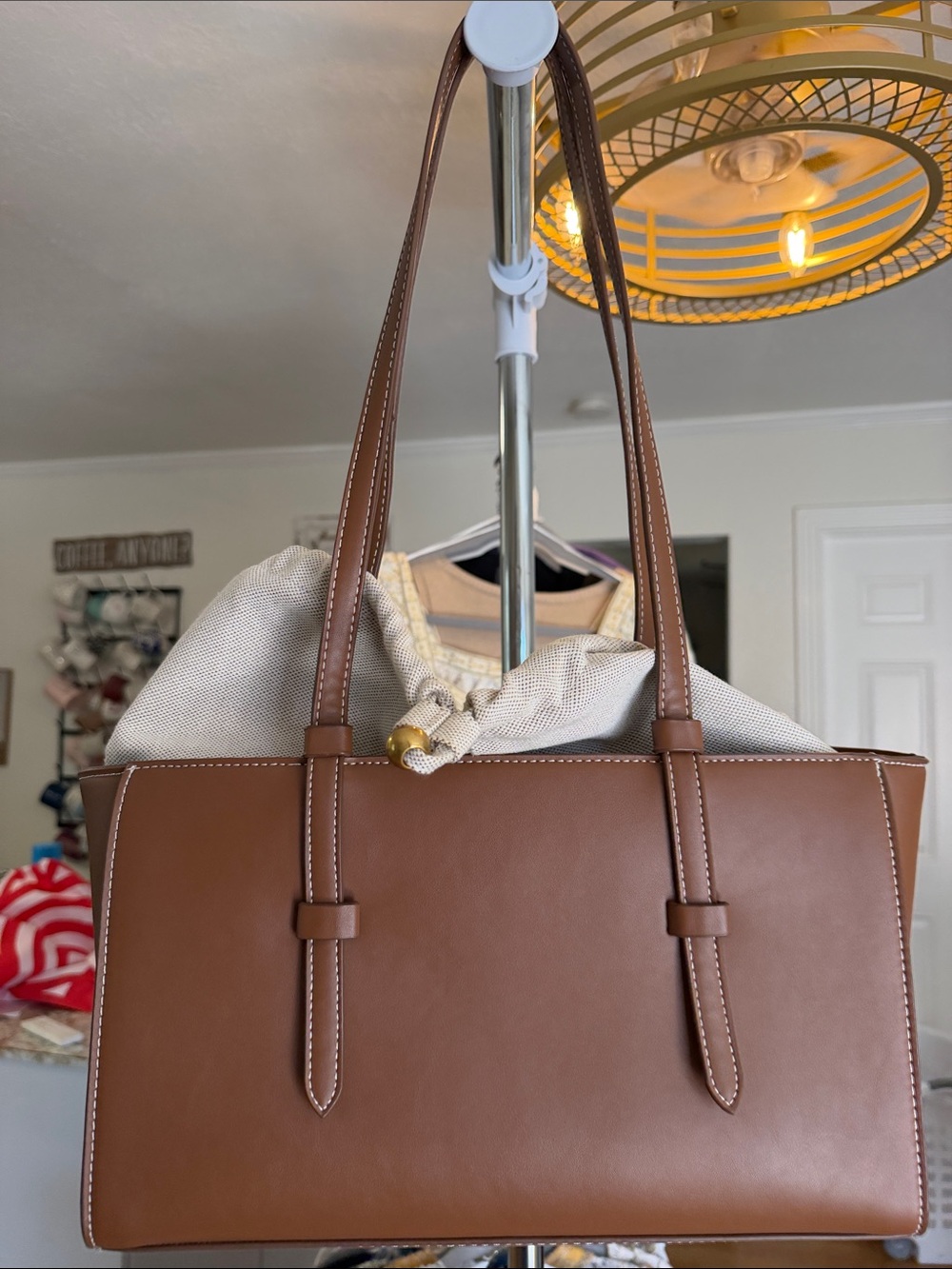 Zara Brown Leather Shoulder Tote with Beige Drawstring Liner